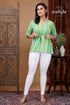 Lime green and sky cotton printed top with three quarter sleeves woman green blue patterned white 1