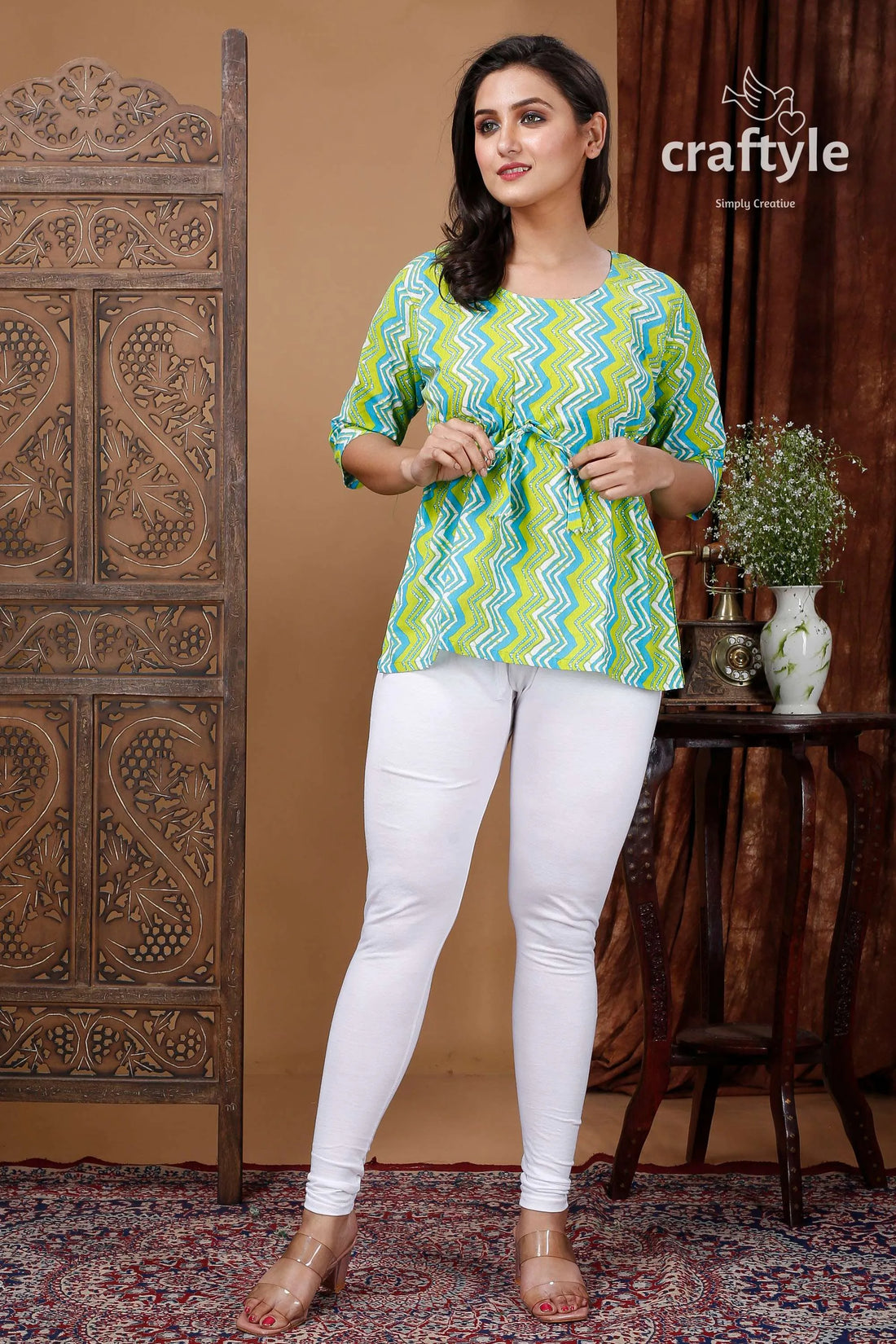 Lime green and sky cotton printed top with three quarter sleeves woman blue patterned white 1