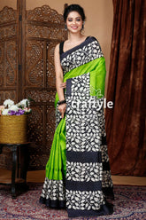 Lime green floral design hand block pure mulberry silk saree woman green black patterned saree 1