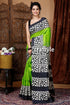 Lime green floral design hand block pure mulberry silk saree woman green black patterned saree 1
