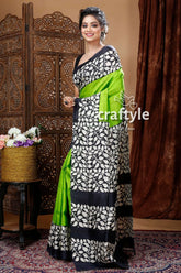 Lime green floral design hand block pure mulberry silk saree green black patterned saree 4