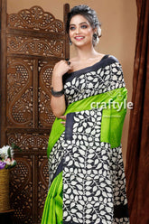 Lime green floral design hand block pure mulberry silk saree woman patterned saree 3