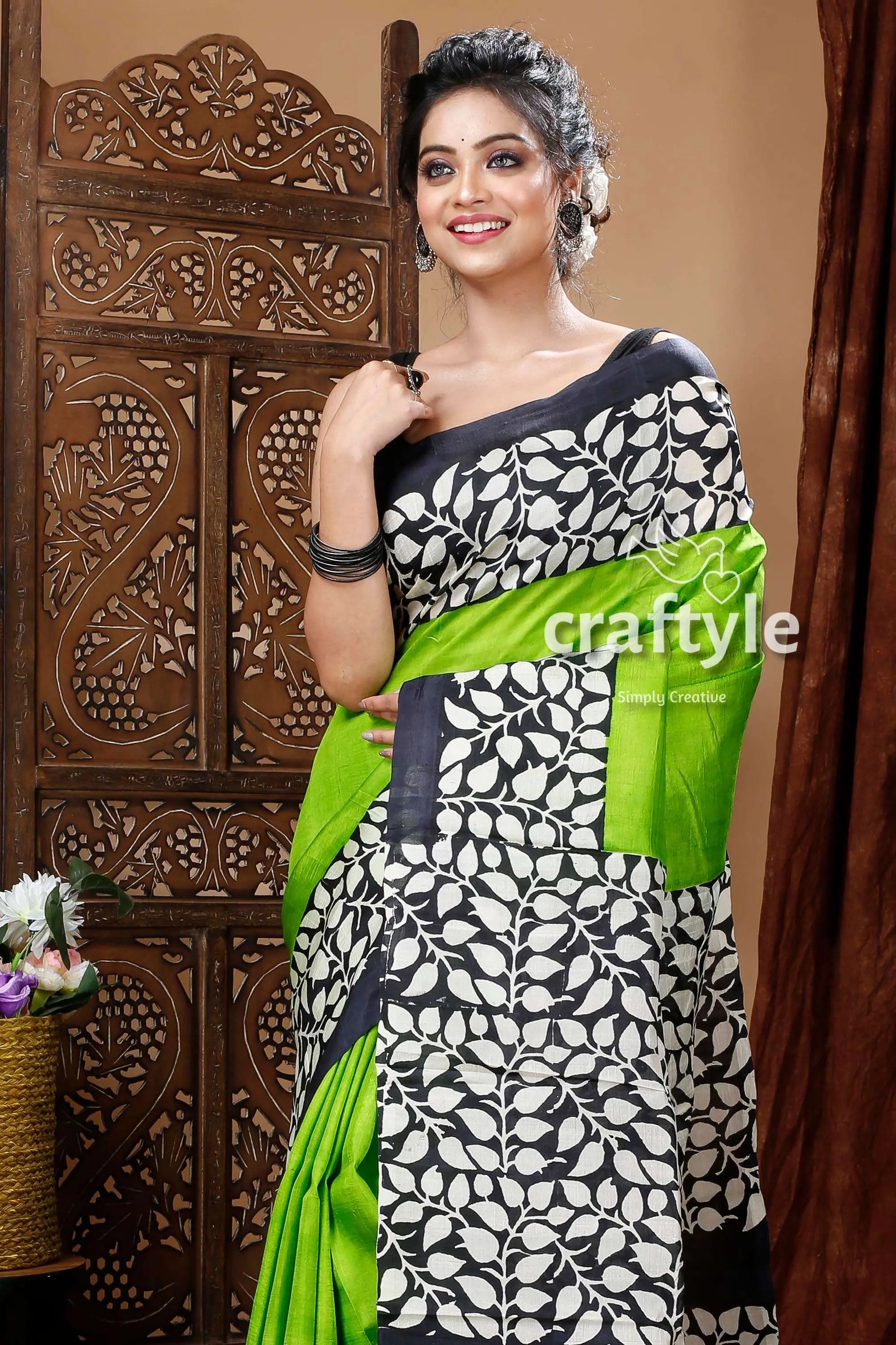 Lime green floral design hand block pure mulberry silk saree woman patterned saree 3