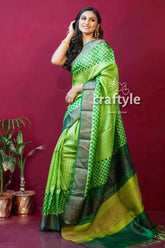 Lime green hand block print zari pure tussar silk saree green patterned saree 3