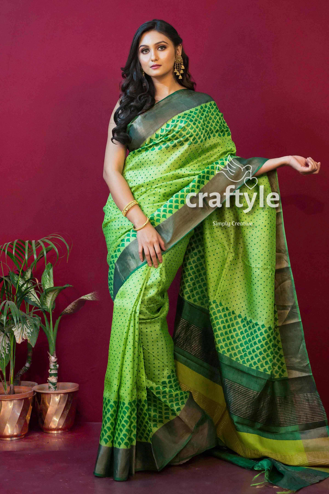 Lime Green Hand Block Print Zari Pure Tussar Silk Saree - Craftyle