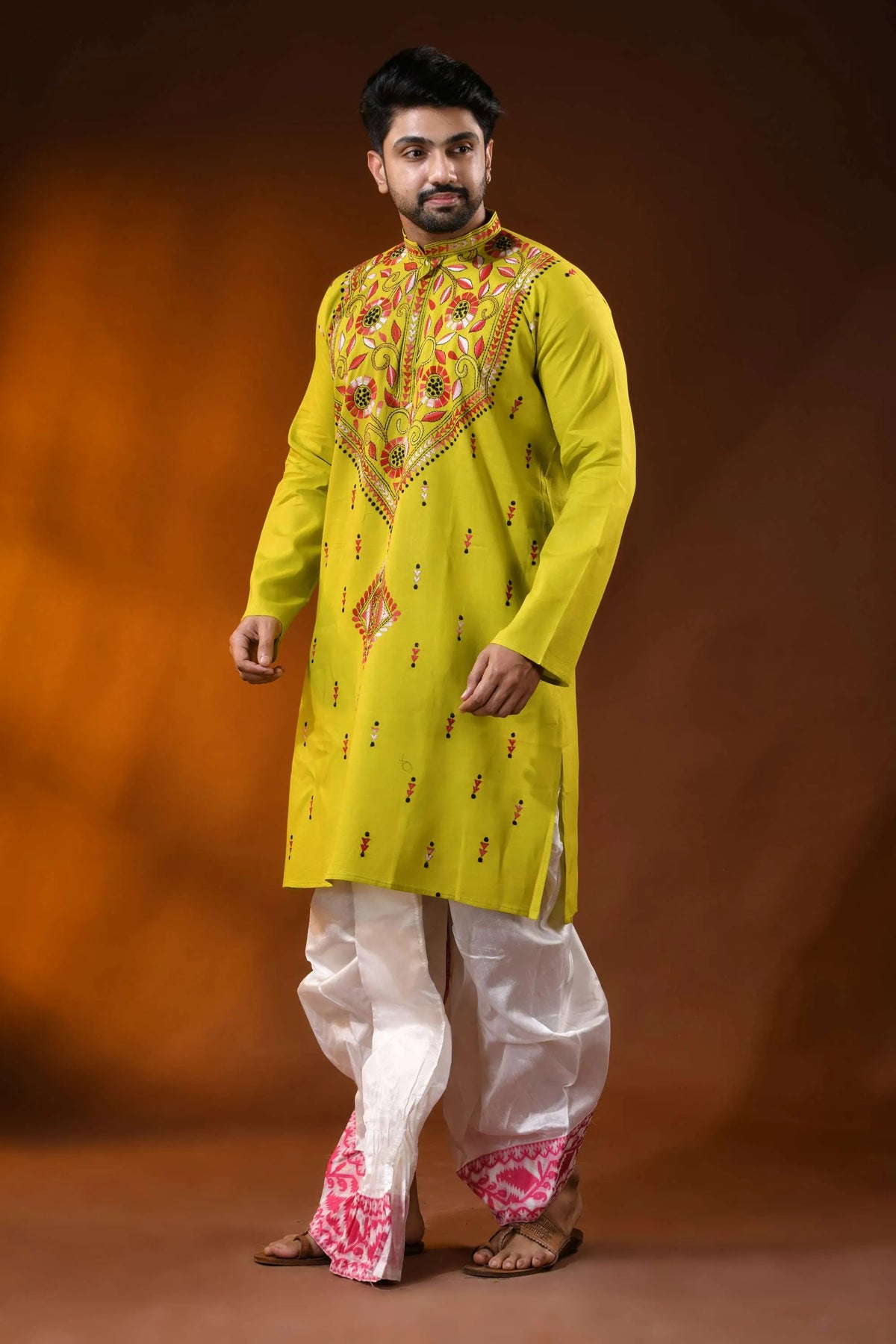 Lime green pure cotton punjabi for men with floral vine kantha work 3