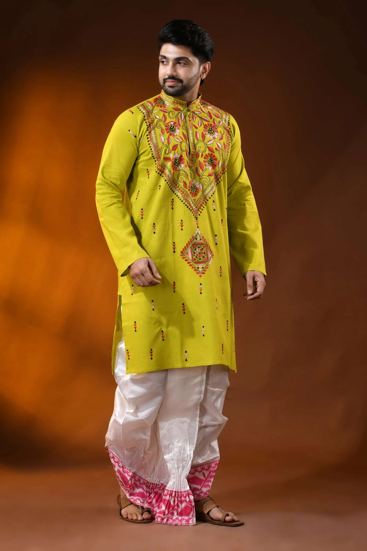 Lime green pure cotton punjabi for men with floral vine kantha work 4