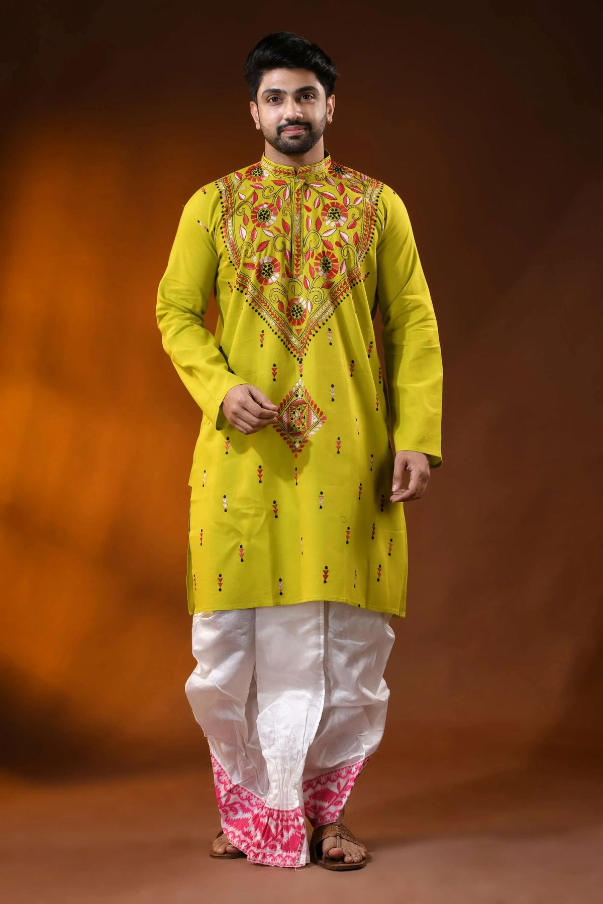 Lime green pure cotton punjabi for men with floral vine kantha work 6