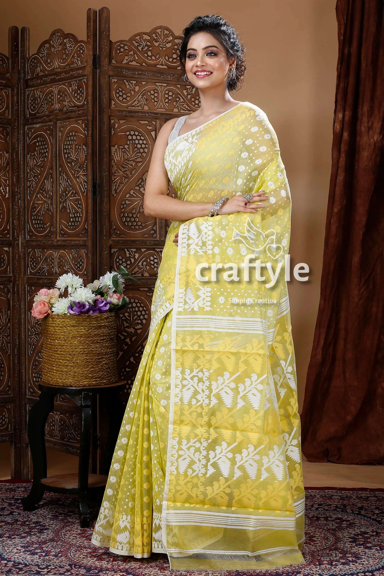 Lime green traditional handloom jamdani sari yellow white floral saree 5