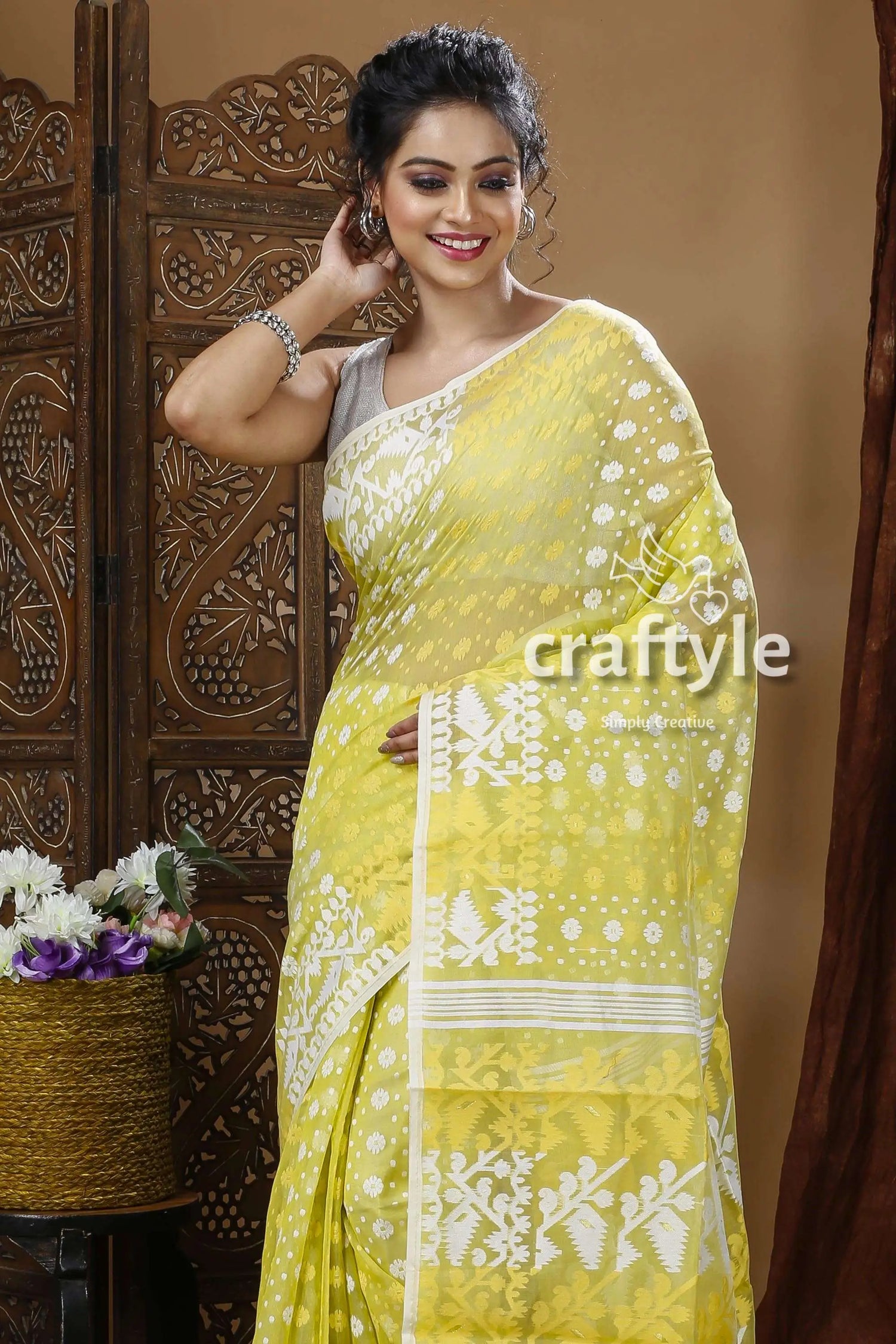 Lime green traditional handloom jamdani sari yellow saree white embroidery 3
