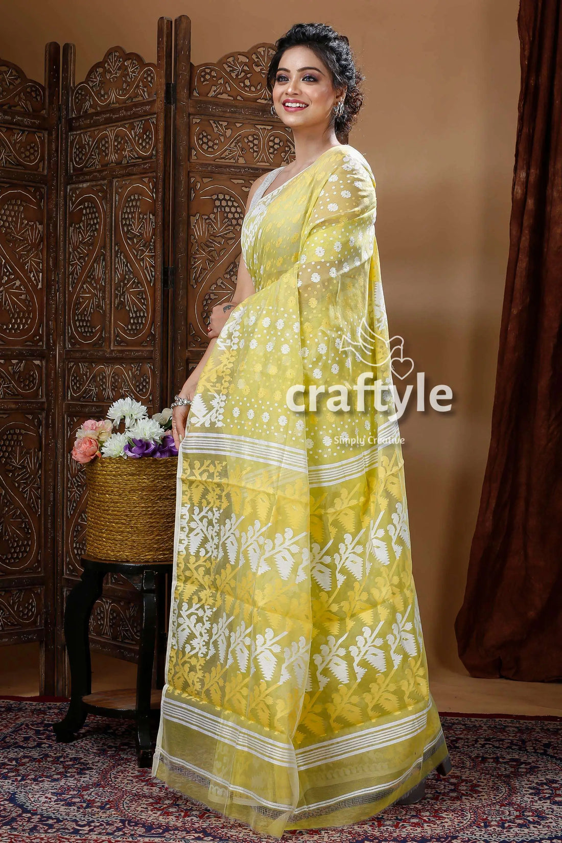 Lime green traditional handloom jamdani sari yellow white floral saree 2