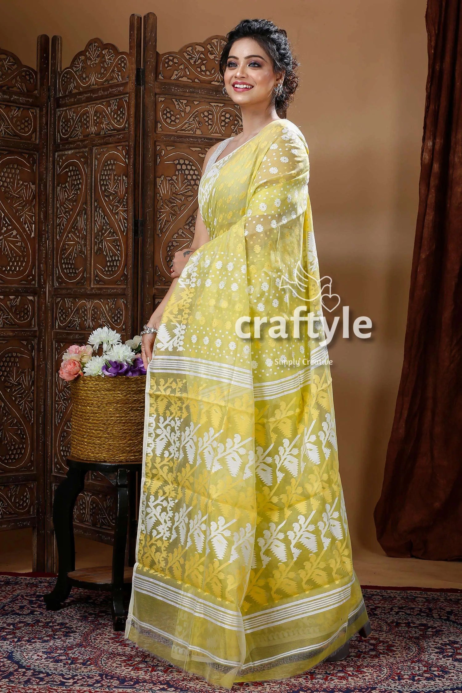 Lime green traditional handloom jamdani sari yellow white floral saree 2