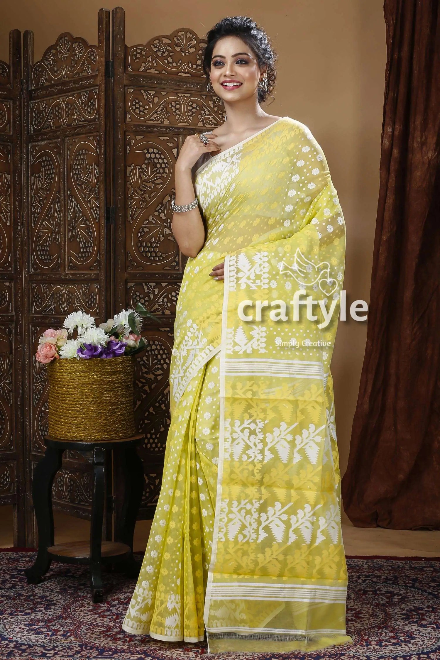 Lime green traditional handloom jamdani sari yellow saree white embroidery 1