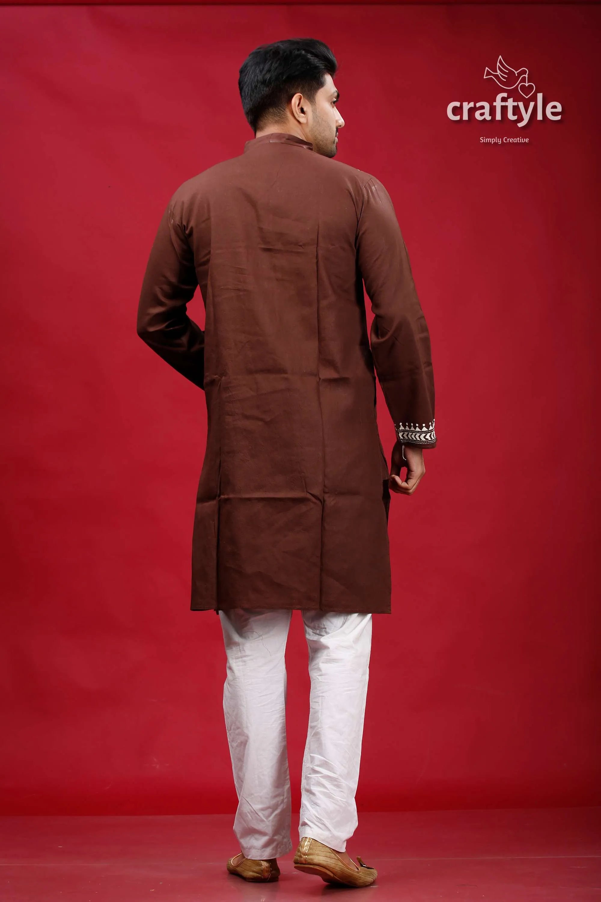Livid brown fish motif kantha work cotton punjabi for men kurta intricate silver 5