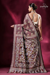 Livid brown floral silk kantha work saree floral patterned brown saree 4