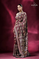 Livid brown floral silk kantha work saree maroon white patterned saree 5