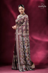 Livid brown floral silk kantha work saree brown patterned saree 3