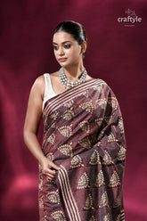 Livid brown floral silk kantha work saree maroon patterned saree 2