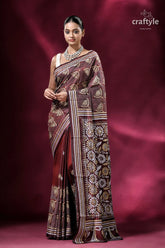 Livid brown floral silk kantha work saree elegant brown patterned saree 1