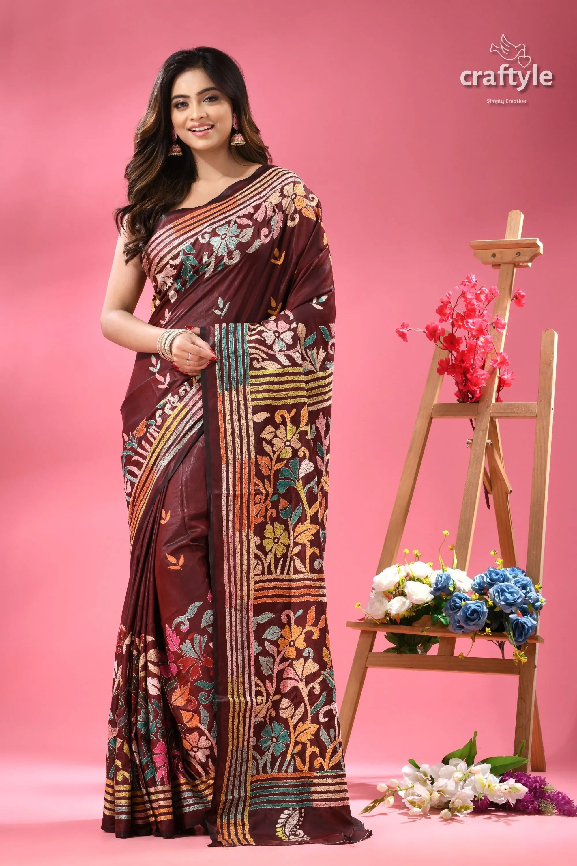 Livid brown multicolor floral silk kantha work saree maroon silk sari colorful floral 7