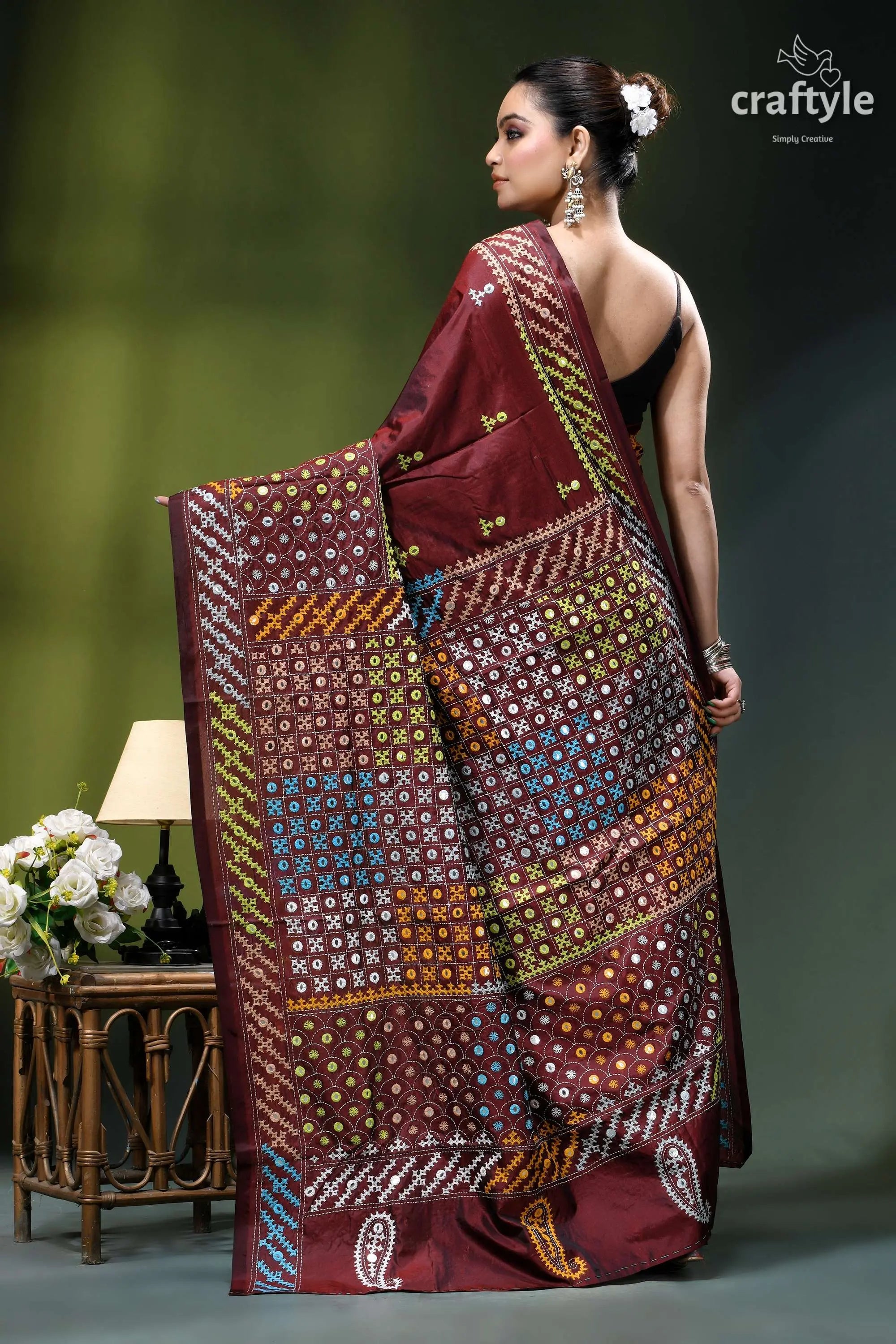 Livid brown multicolor gujrati stitched silk saree with mirror detailing maroon bhagalpuri saree intricate mirror 6