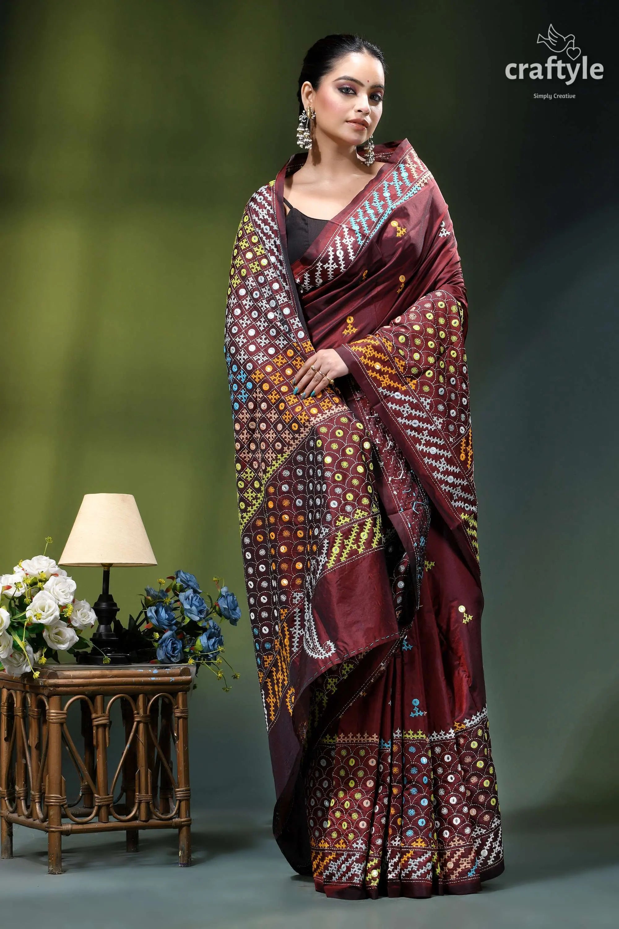 Livid brown multicolor gujrati stitched silk saree with mirror detailing maroon silk saree intricate gold 7