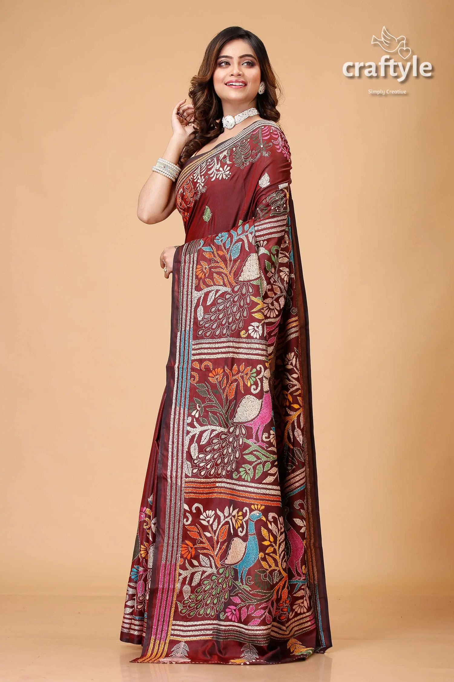 Livid brown peacock motif hand kantha silk saree maroon saree peacock embroidery 3