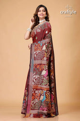 Livid brown peacock motif hand kantha silk saree maroon saree peacock embroidery 3
