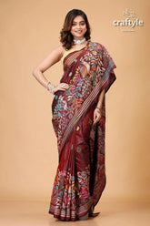 Livid brown peacock motif hand kantha silk saree maroon saree floral bird embroidery 4