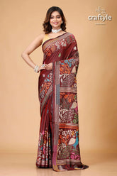 Livid brown peacock motif hand kantha silk saree maroon saree intricate bird floral 1