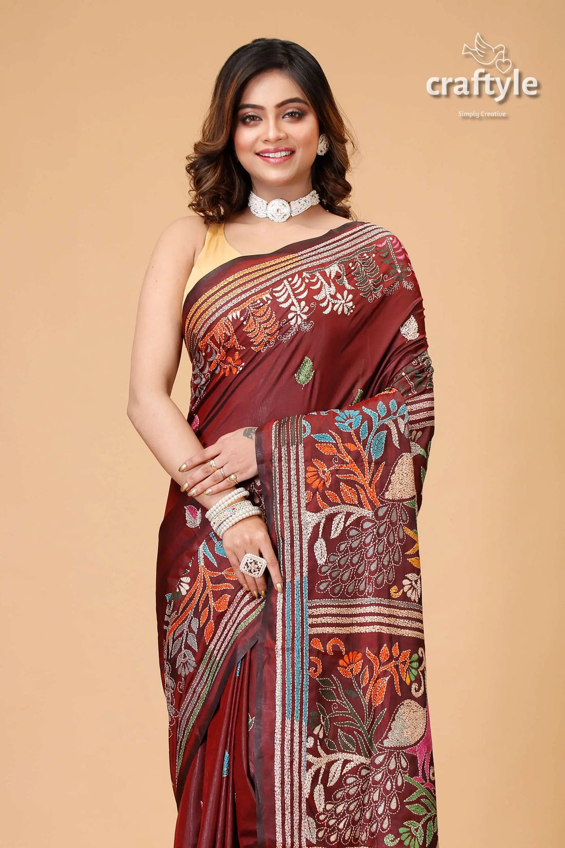 Livid brown peacock motif hand kantha silk saree maroon saree embroidered floral peacock 2