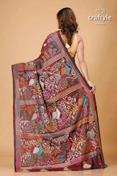 Livid brown peacock motif hand kantha silk saree maroon embroidered saree 5