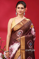 Livid brown silk bandhni saree - indian traditional wear brown tie-dye saree gold border 2