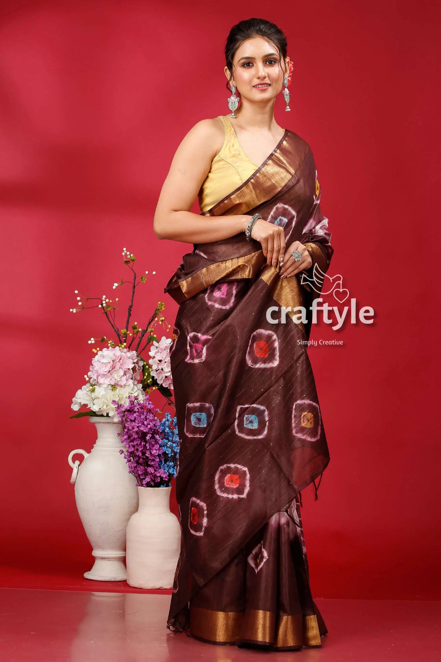 Livid brown silk bandhni saree - indian traditional wear woman brown saree square patterns 4
