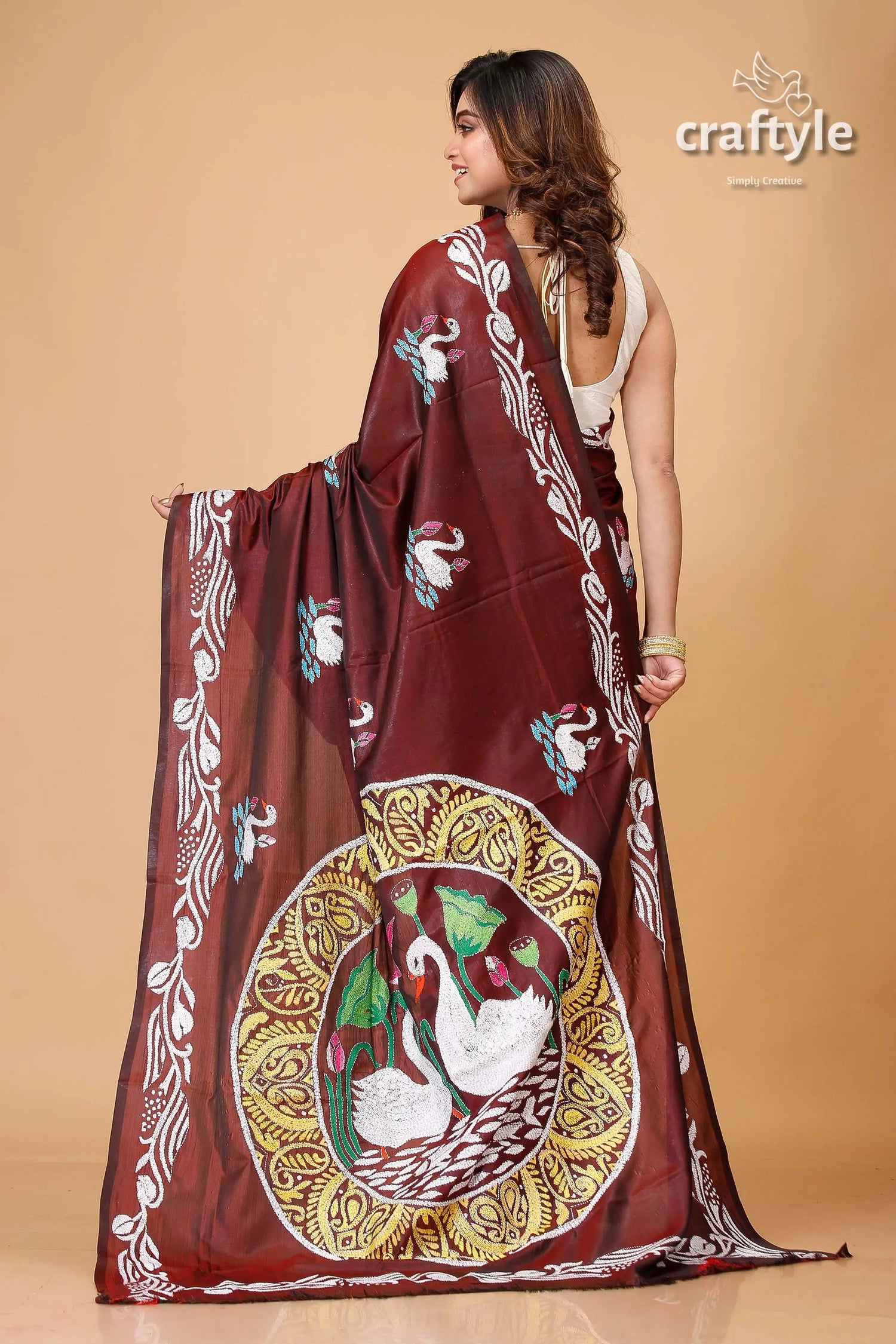 Livid brown swan motif silk kantha work saree maroon saree swan motif 6