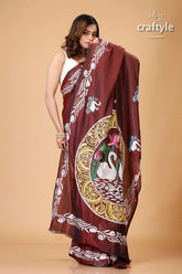 Livid brown swan motif silk kantha work saree maroon saree swan design 4