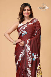 Livid brown swan motif silk kantha work saree maroon saree white blue floral 2