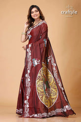 Livid brown swan motif silk kantha work saree maroon saree white yellow designs 3