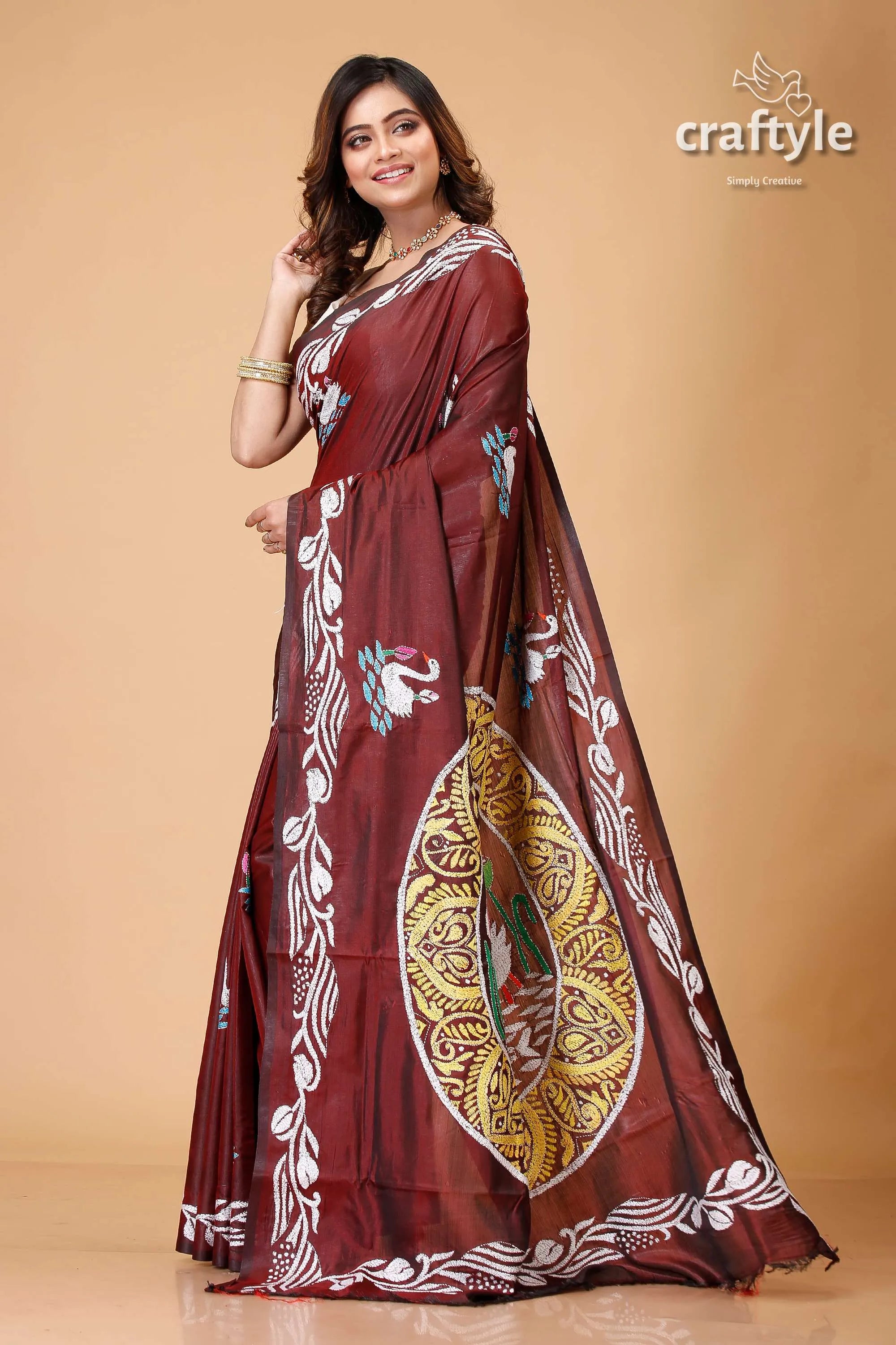 Livid brown swan motif silk kantha work saree maroon saree white yellow designs 3