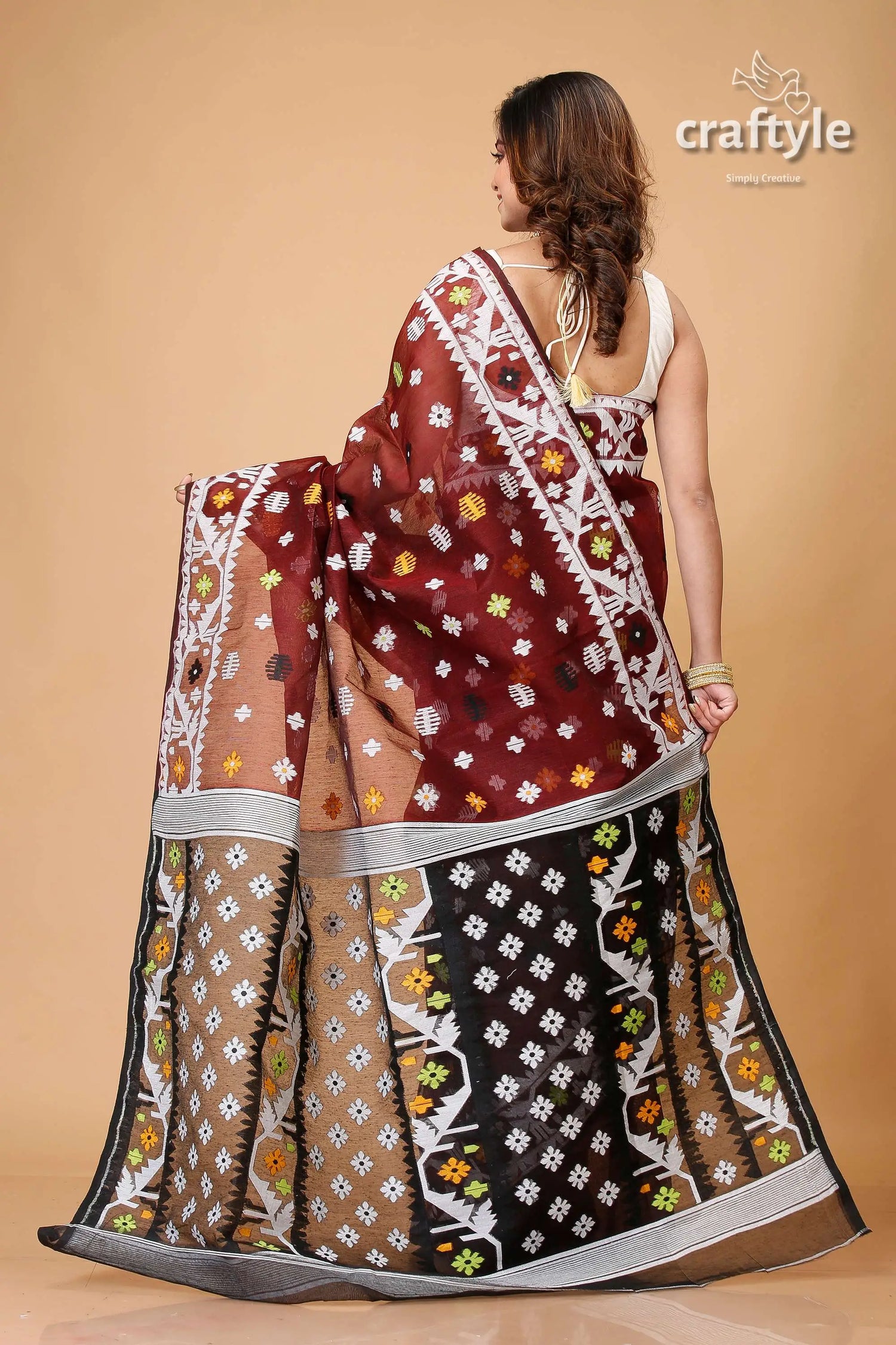 Livid brown timeless jamdani saree maroon black patterned saree 5