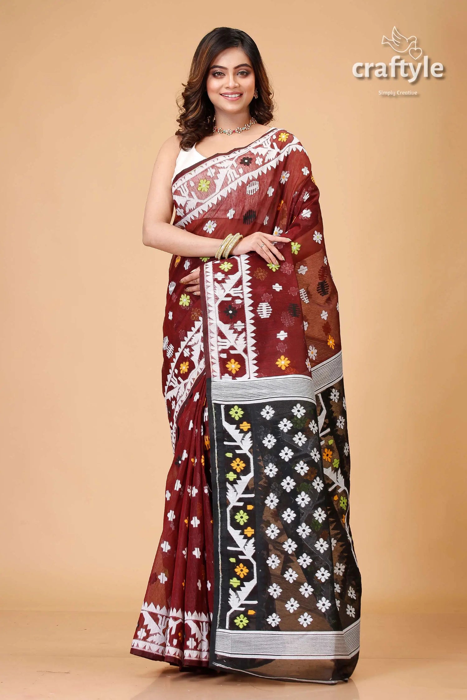 Livid brown timeless jamdani saree maroon black patterned saree 1