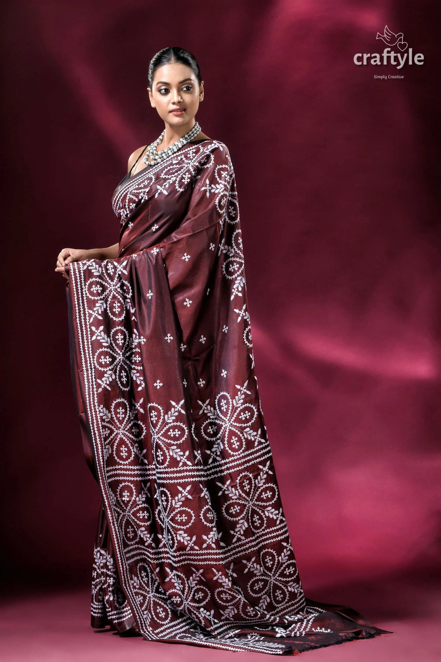 Livid brown white kutch work kantha silk saree maroon saree white embroidery 4