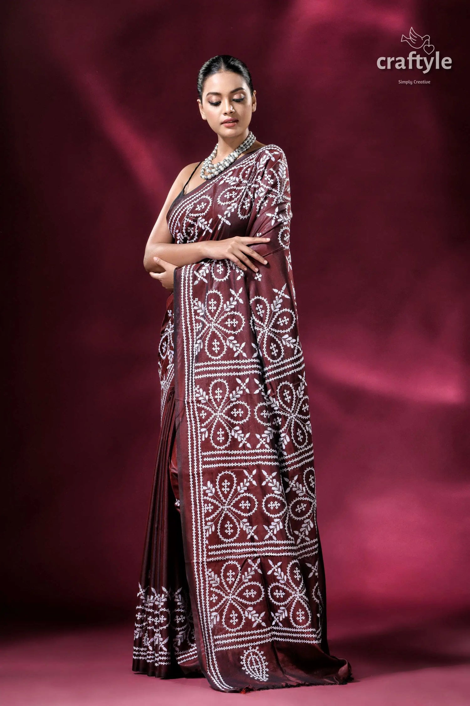 Livid brown white kutch work kantha silk saree maroon saree white embroidery 3