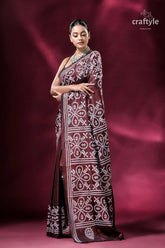 Livid brown white kutch work kantha silk saree maroon saree white embroidery 3