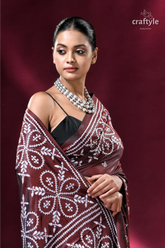 Livid brown white kutch work kantha silk saree maroon saree white embroidery 2