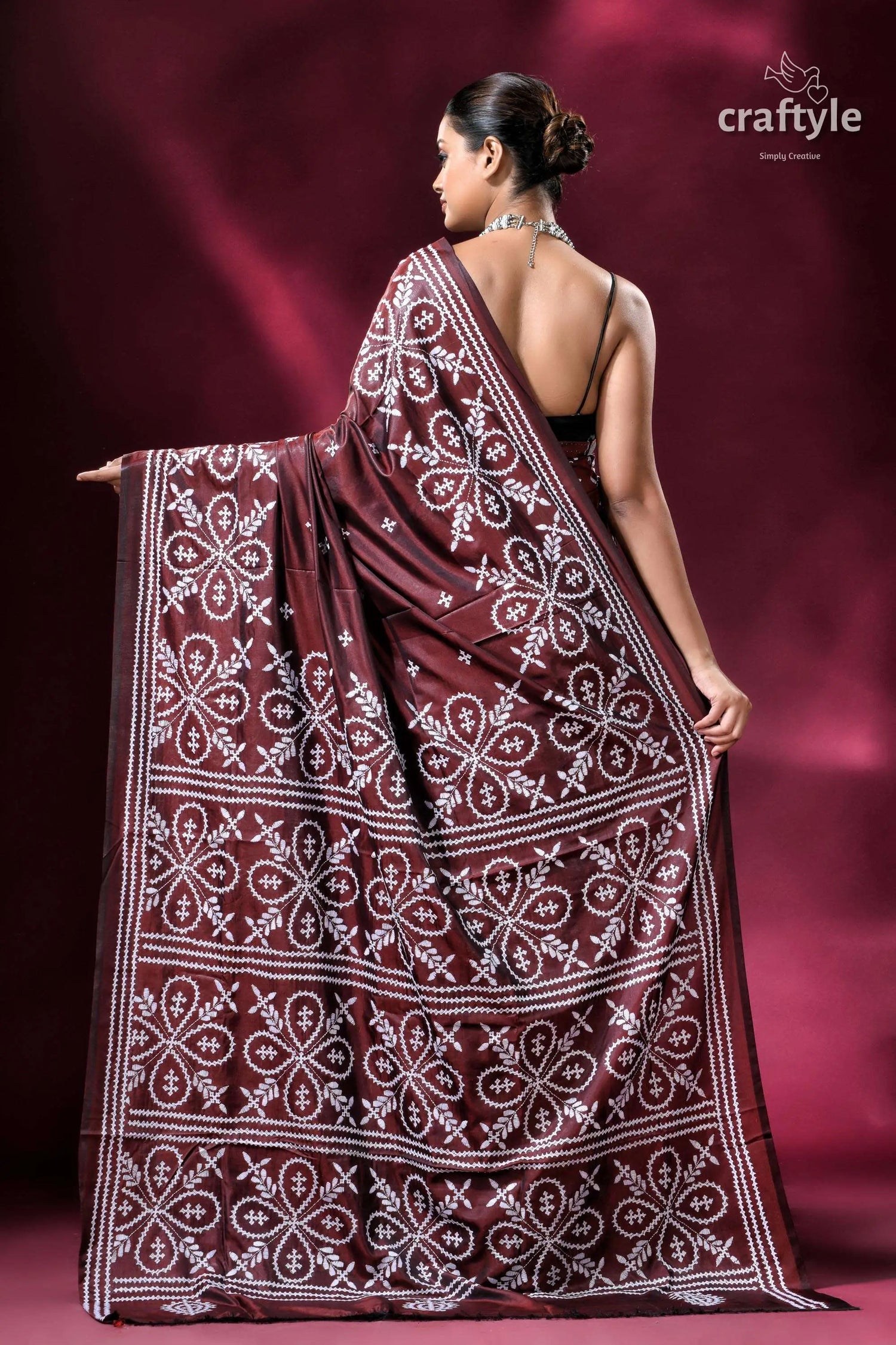 Livid brown white kutch work kantha silk saree maroon saree white floral embroidery 5