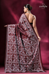 Livid brown white kutch work kantha silk saree maroon saree white floral embroidery 5
