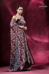 Livid brown white kutch work kantha silk saree maroon saree white floral patterns 6