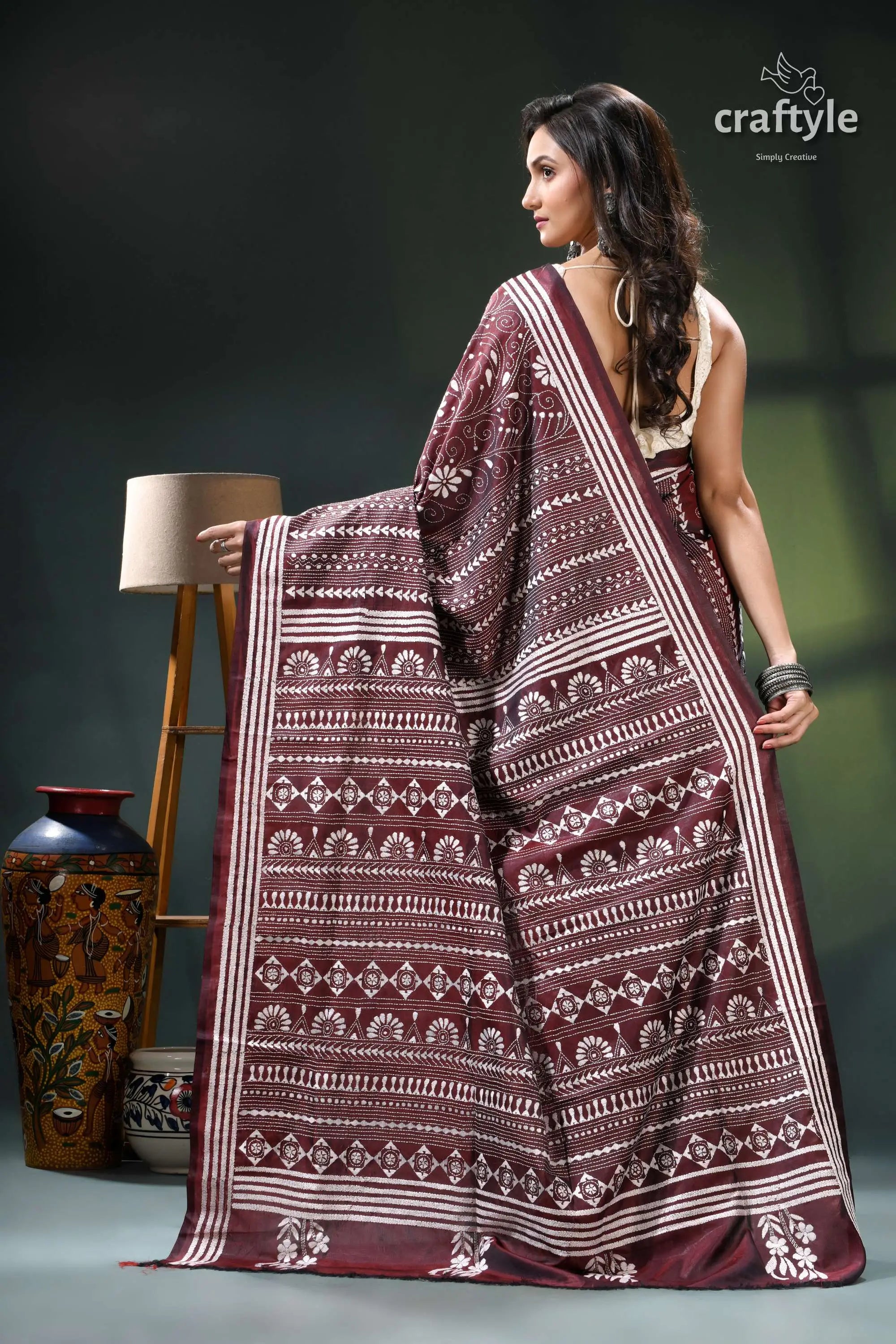 Livid brown white thread work handmade silk kantha saree maroon white patterned saree intricate 5