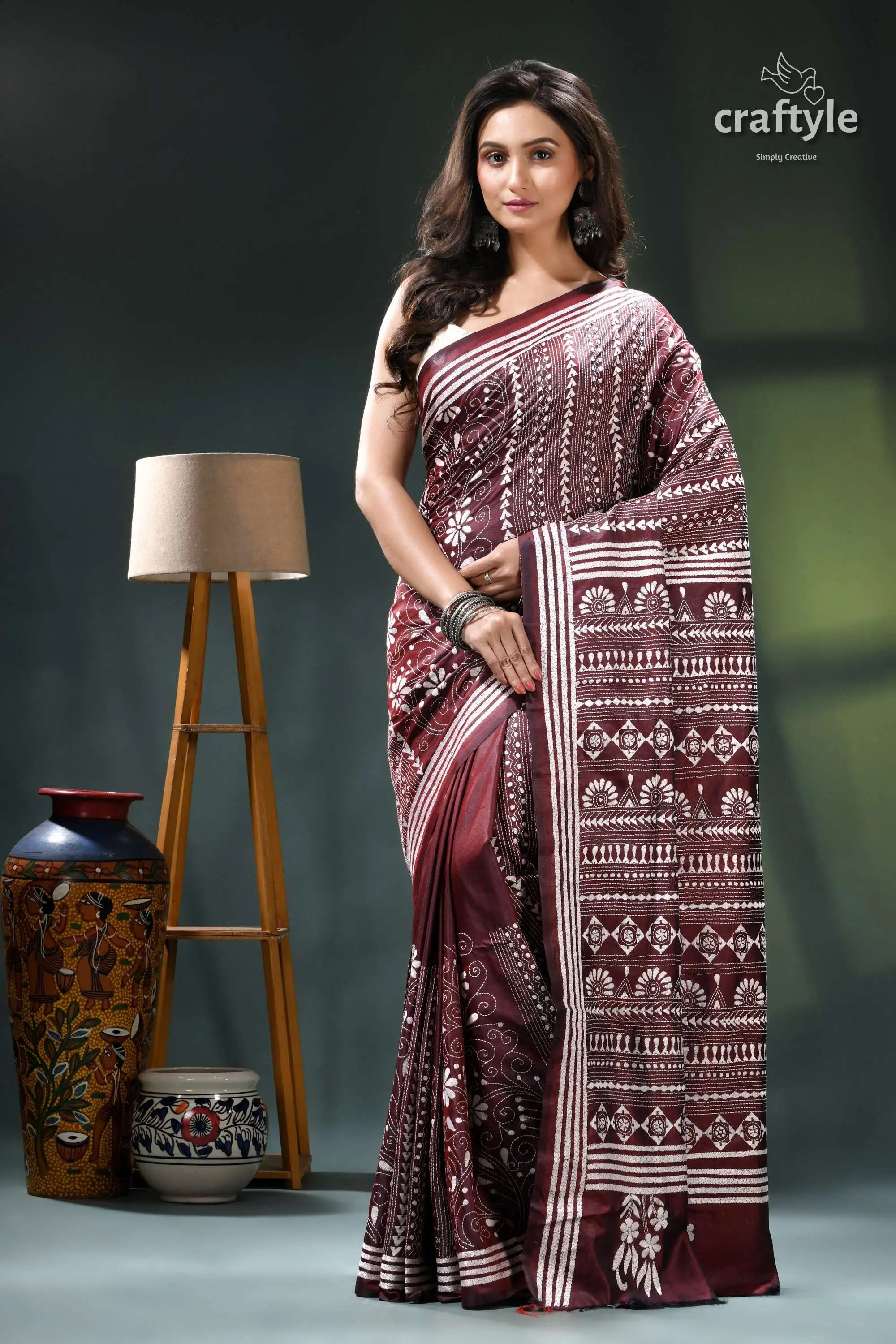 Livid brown white thread work handmade silk kantha saree maroon beige saree intricate batik 1